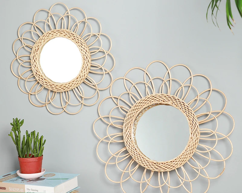 

Wicker Decorative Mirror Rattan Mirror Homestay Makeup Mirror Wall Hanging Decoration Makeup Mirror Creative Wall Decoration