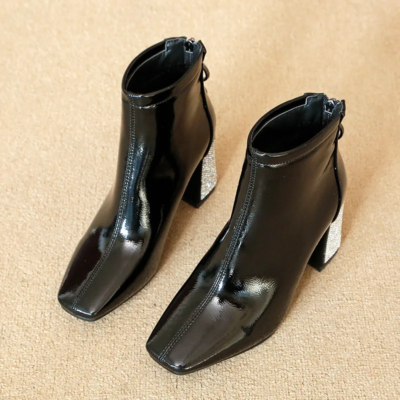 Crystal Square Toe Chunky High Heels Boots Women Shoes High Heel 7cm Ankle Boots for Women Autumn Winter Fashion Sexy Heels