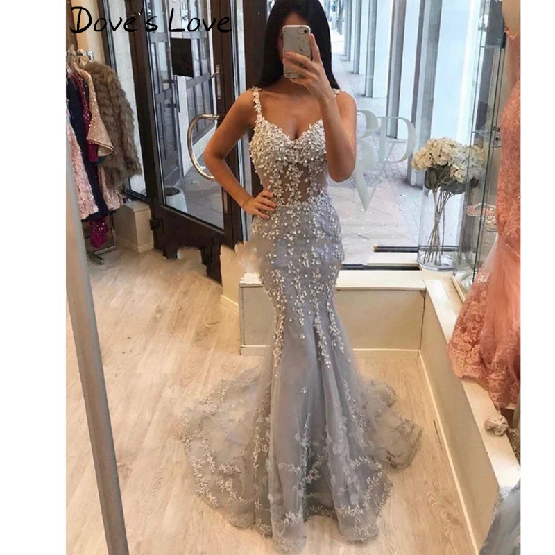 

Женское вечернее платье с юбкой-годе, элегантное серое длинное платье с V-образным вырезом и аппликацией на тонких бретельках, платье для оф...