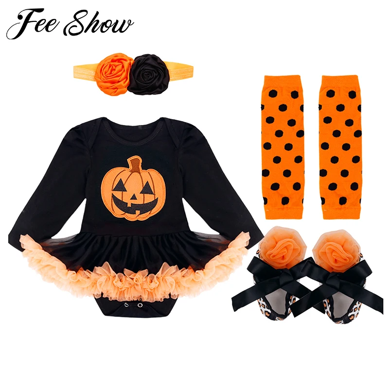 

Halloween Baby Girl Clothes Newborn Halloween Pumpkin Costume Toddler Long Sleeves Romper Dress with Headband Leg Warmers Shoes