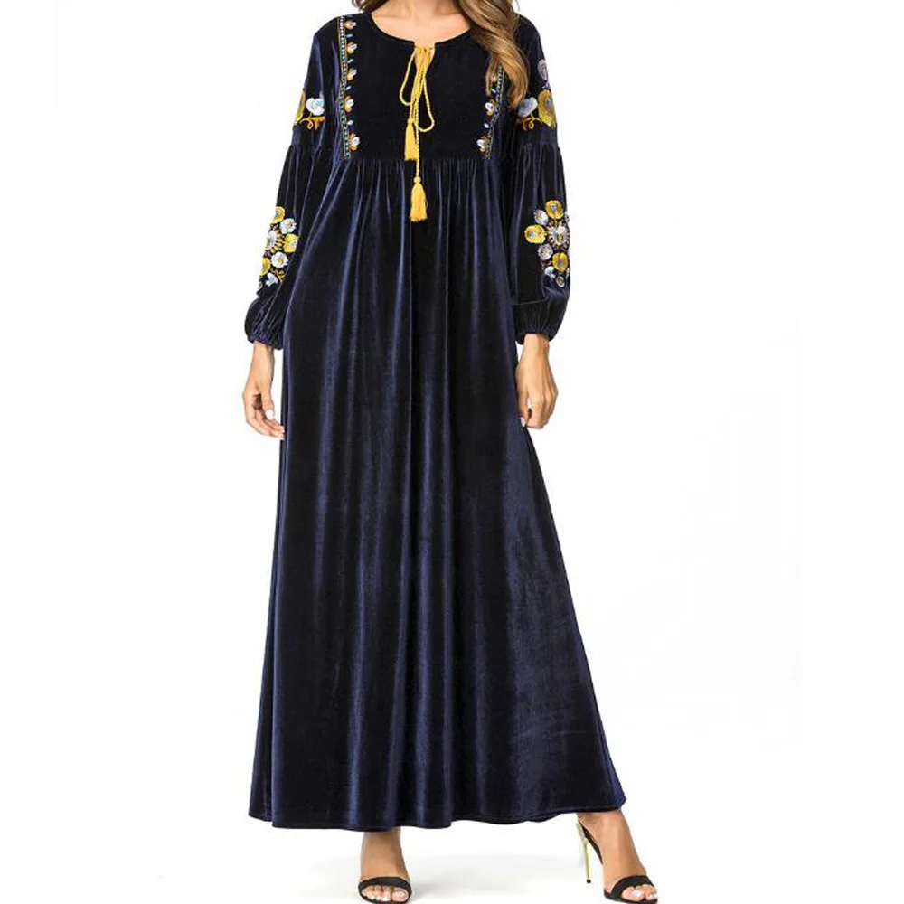

Plus Size Autumn Winter Dress Women Long Sleeve Navy Blue Velvet Dress Vintage Casual Loose Long Kaftan Dress Female Vestido 4XL