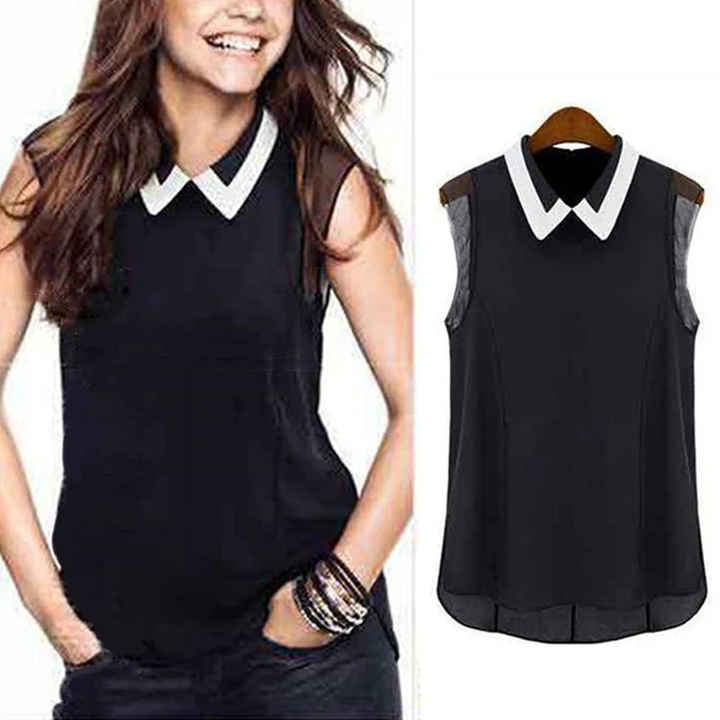 

New Sleeveless Shirt Doll Collar Mesh Chiffon Shirt Trend Sleeveless Slim Vest Black And White Color Matching Lapel Shirt