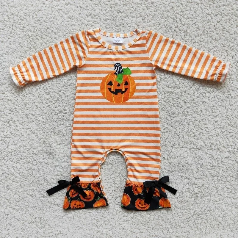 

Wholesale Halloween Baby Girl Romper Pumpkin Orange Striped Clothing Newborn Infant Children Ruffle Jumpsuits Kids Clothes