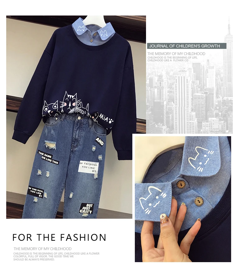 Повседневные джинсовые костюмы новинка весны и осени Лоскутная Блузка с принтом