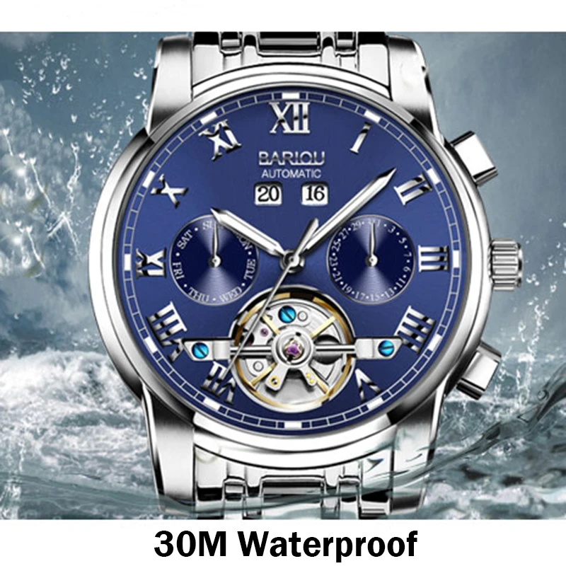 BAIOU Мужские автоматические наручные часы Tourbillon Скелет из нержавеющей стали