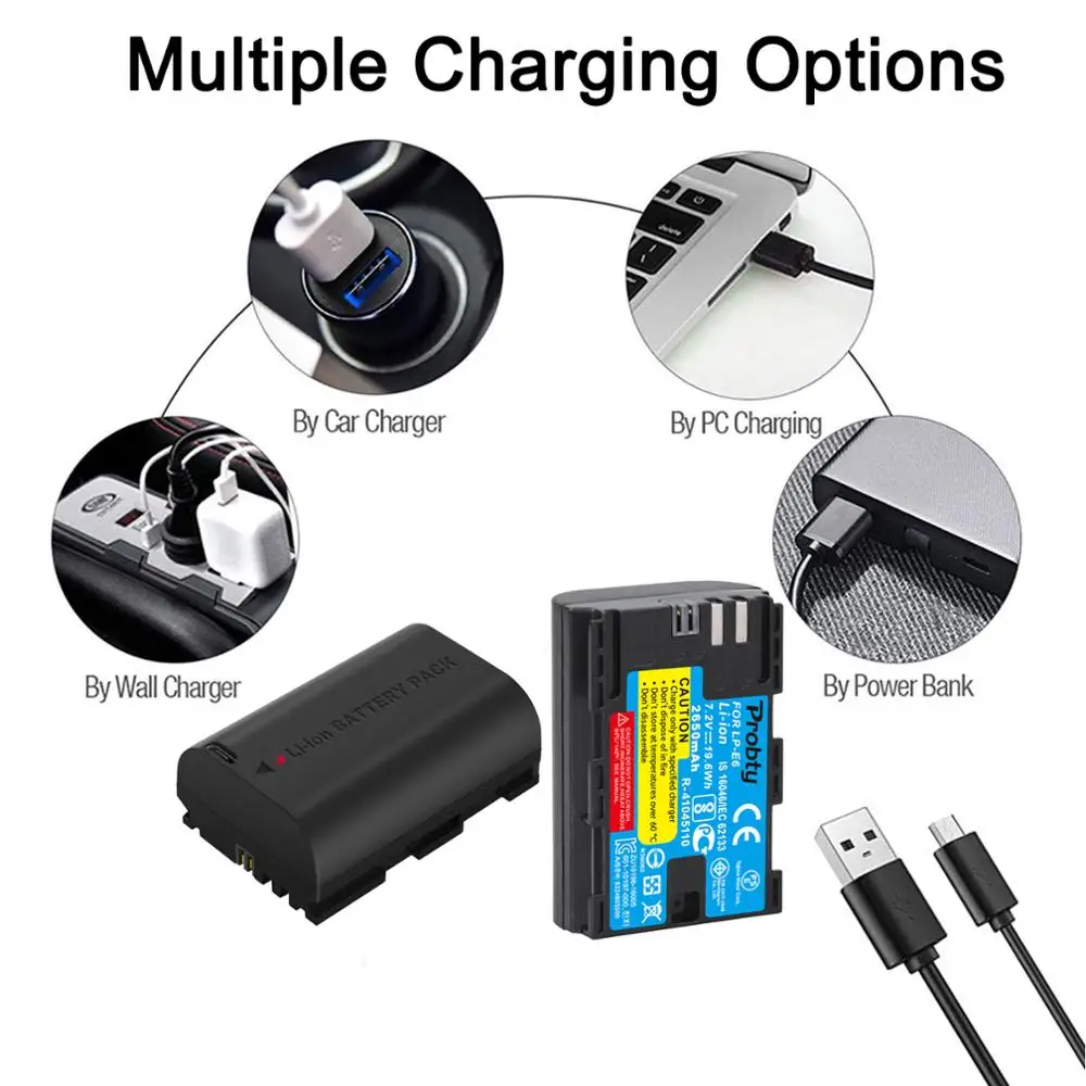 2шт 2650mAh USB выход LP-E6 LP E6 LPE6 E6N батарея для Canon 5D Mark II III 7D 60D EOS 6D 70D 80D 5DS R камеры |