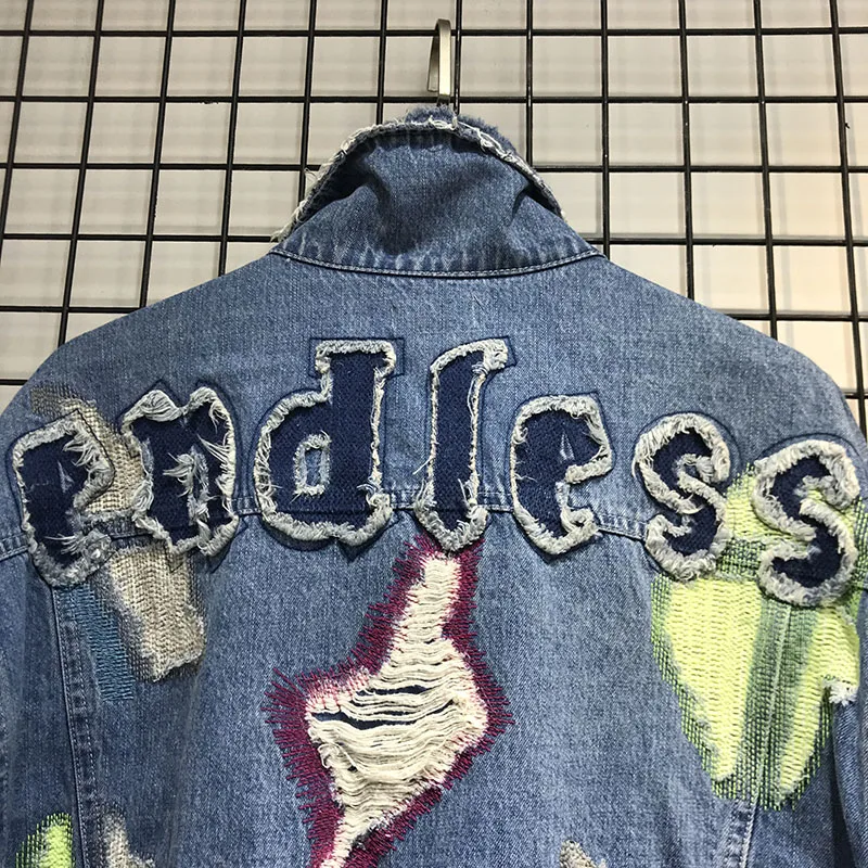 

Letters Endless Patch Denim Jacket Men Women Best Quality Hip-Hop Damage Hole Distressed Fashion Blue Outwear Coat