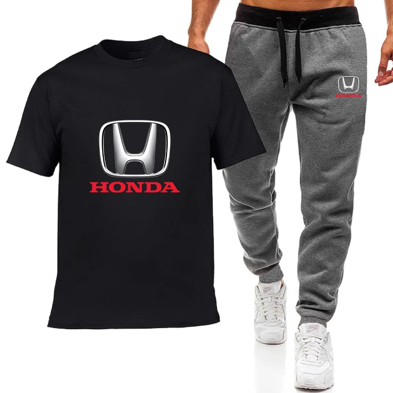 

2021 Summer Men's Fashion T-shirt Honda Logo Print Hip Hop Casual Short Sleeve High Quality Cotton T-shirt Pants Suit Men