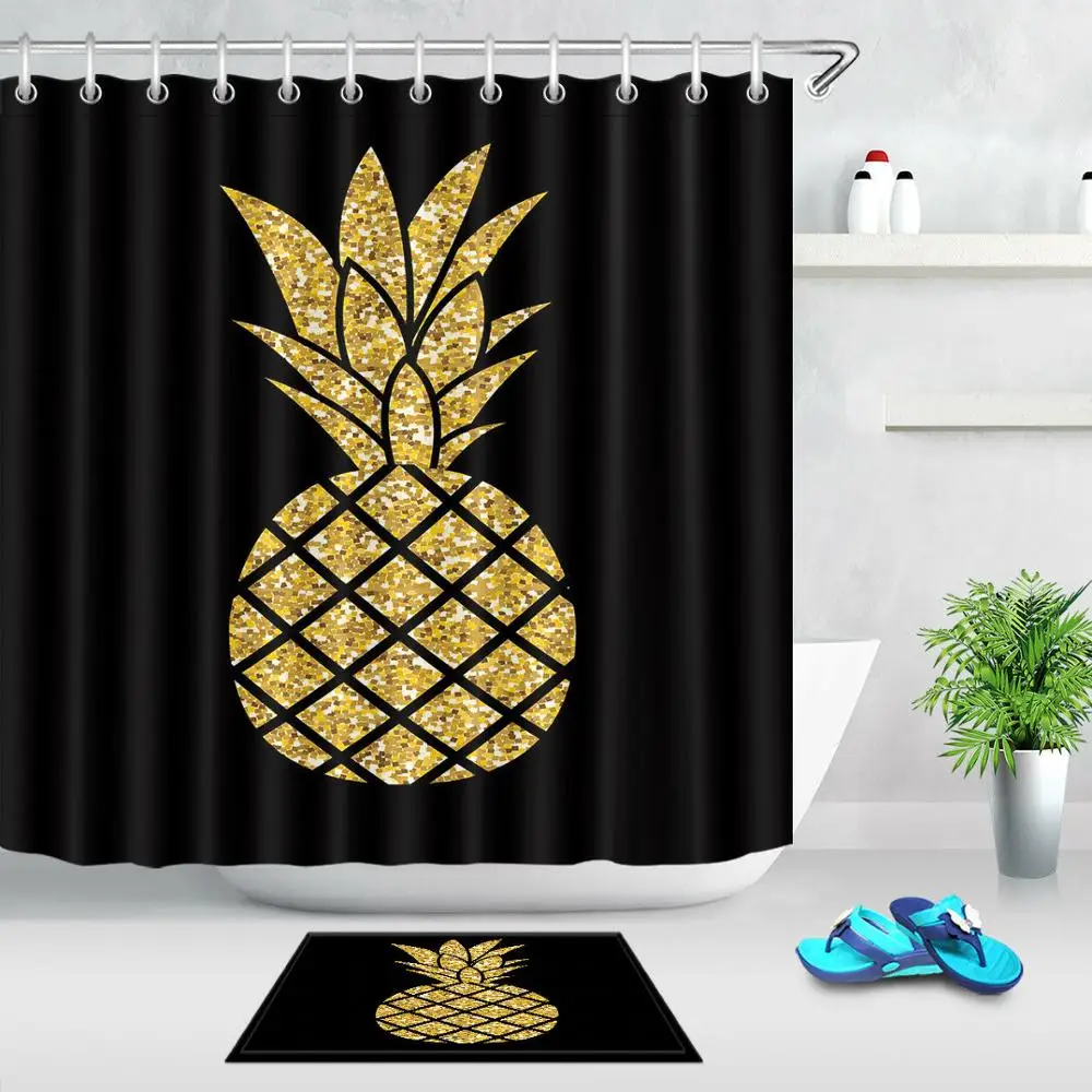 

Gold Pineapple Black Shower Curtains Tropical Fruit Sparkle Exotic with Bath Curtain Hooks Waterproof Fabric Bathroom Decor