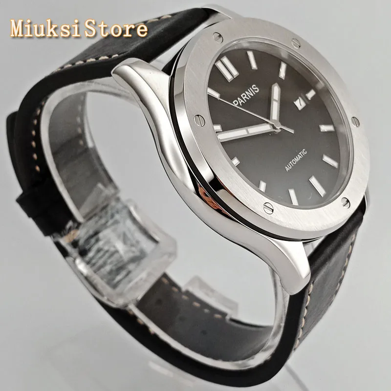 Мужские серебристые часы с сапфировым стеклом и кожаным ремешком | Наручные