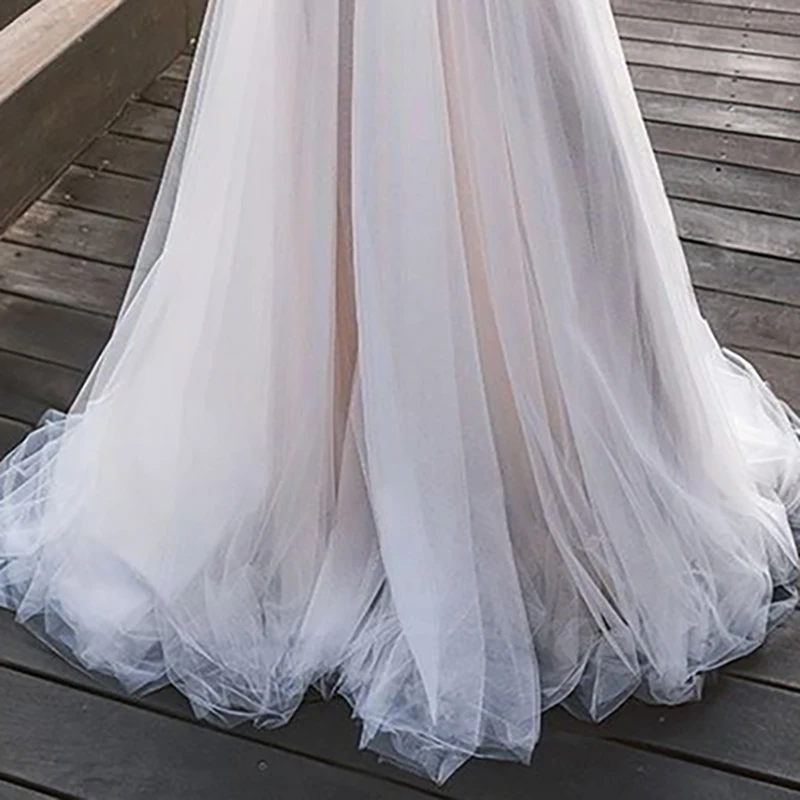 

Bespoke Occasion Dresses Illusion V-Neck Sleeveless Embroidery Pearls Spaghetti Strap Tulle White Women Wedding Party Gown TS155