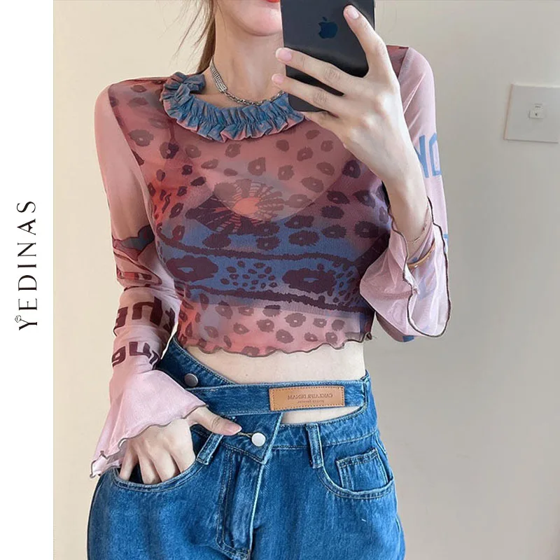 

Yedinas Tie Dye Flare Sleeve Mesh Top Transparent Grunge T Shirt Women Long Sleeve Ruffled Neck Crop Top Vintage T-shirt 2022
