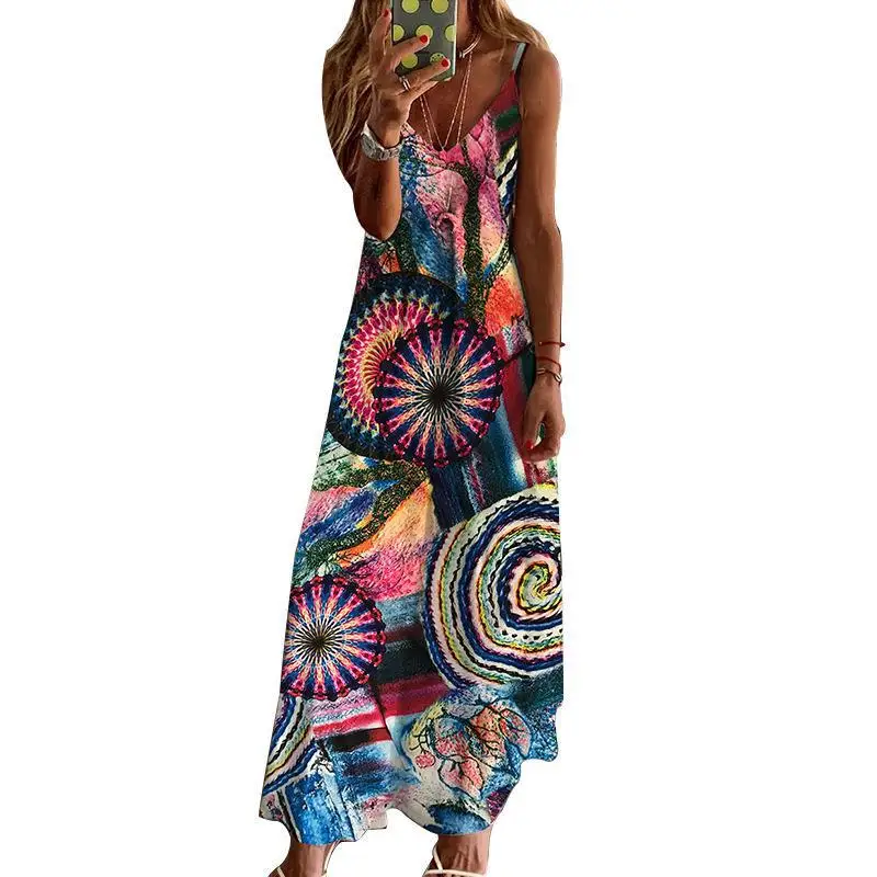 

Mandylandy Bohemian Dress Summer Fashion V-neck Backless Spaghetti Strap Dress Women's Casual Printed Loose Sleeveless Dress