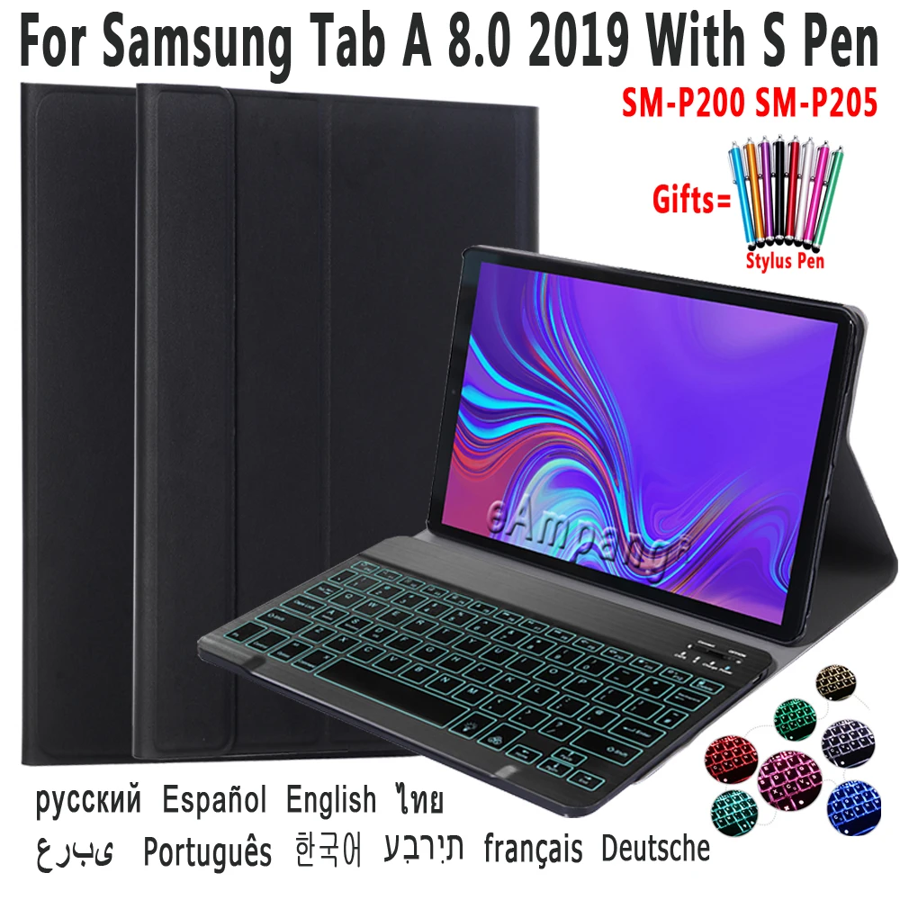 

For Samsung Galaxy Tab A 8.0 S Pen 2019 P200 P205 Case with Backlit Keyboard 7 Light Detachable Wireless PU Leather Cover Shell