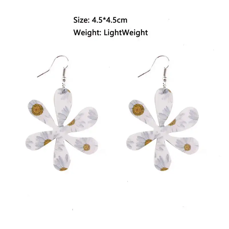 

Printed Floral Vegan Leather Daisy Flower Dangle Drop Earrings for Women Cute Girl Earrings