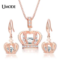 umode news crown pendants jewelry set with 1 pair of cz stud earrings 1 woman cubic zirconia chain pendant necklace us0087