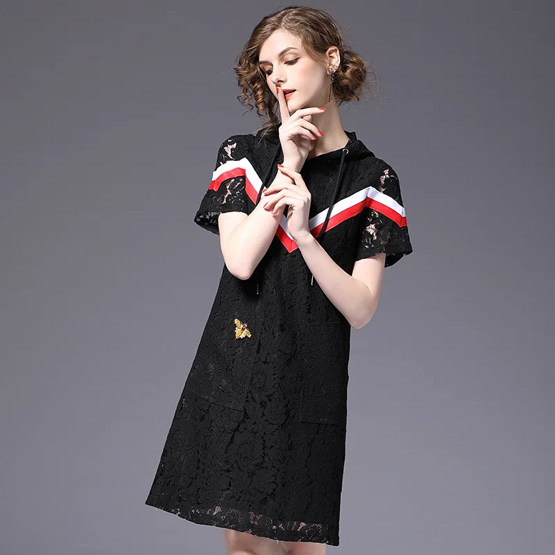 

2019 summer new large women's cut out lace hooded loose contrast lace dress skirt