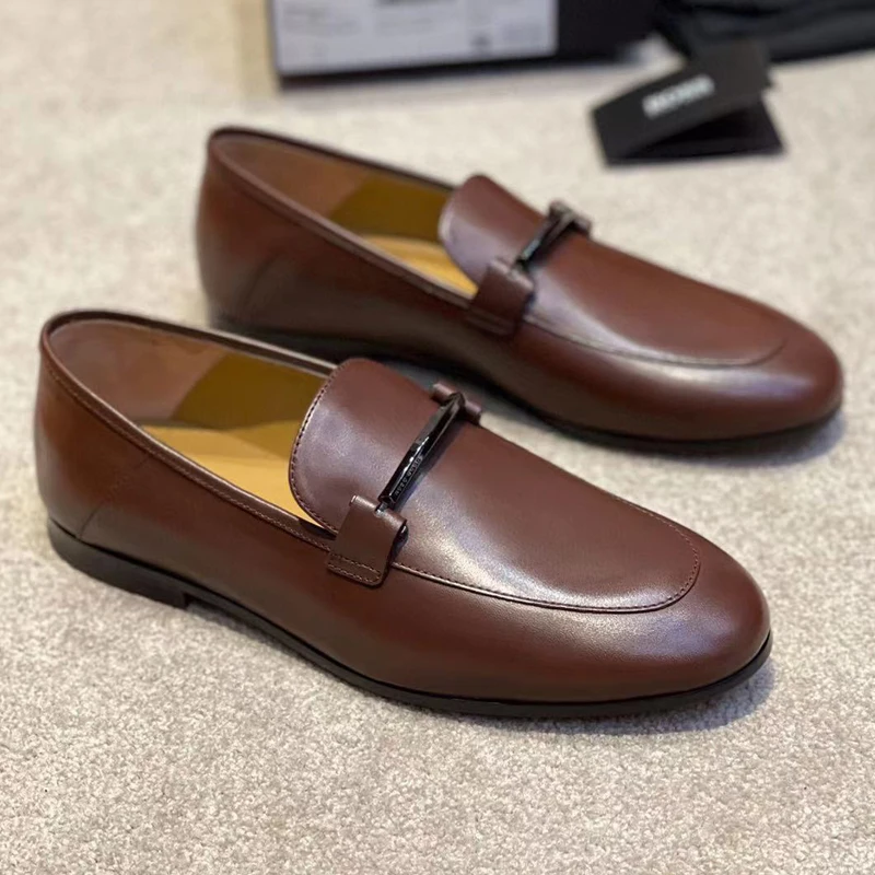 

Incomparable Luxury Boutique Calfskin Soft Leather Slip-On Loafers Dark Brown Low Profile Men's Shoes Engraved Hardware