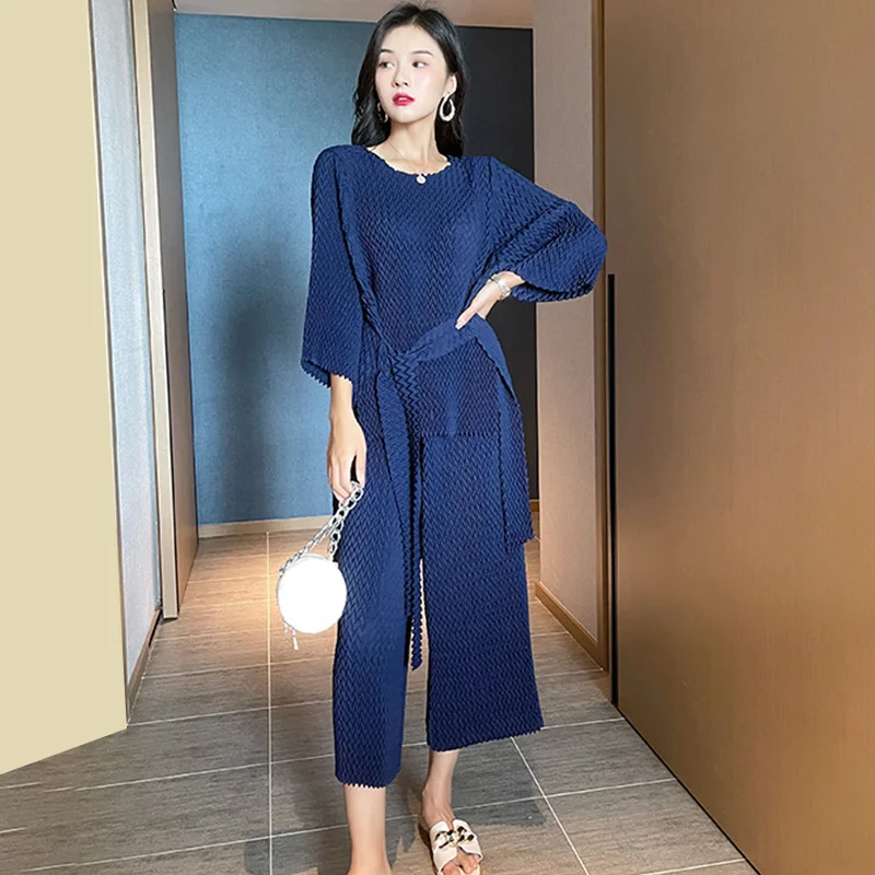 Changpleat 2021 autumn new women's professional wear suits Miyak Pleated Solid O-neck tie blouse Comfortable wide leg pants Sets