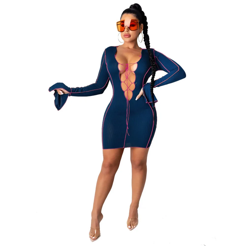 

Neon Color Striped Splcied Ribbed Dresses for Women Cross Lace Up Split Long Sleeve Slim Dress Fall Hollow Out Club Party Dress