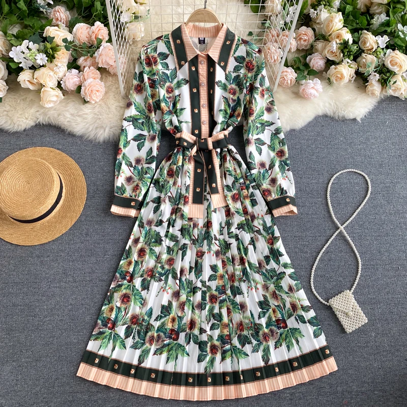 

Women New Fashion Retro Court A-line Dress Lady Lapel Long Sleeve Lace Up Waist 2021 Printed Elegant Clothes Vestidos