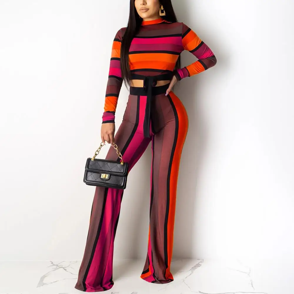 Fadzeco африканская одежда для женщин Полосатый Топ с длинным рукавом и длинные