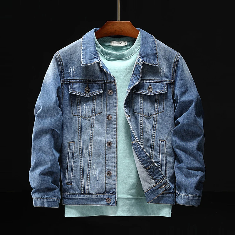 2020 Vintage Denim Jacket Embroidered Indian Slim Cowboy Light Blue Dark Long Sleeve Jeans Coat Large Size M-XXXL | Мужская одежда