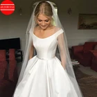 Простое свадебное платье с открытыми плечами 2020, атласные свадебные платья белого и цвета слоновой кости для сада, индивидуальный пошив, ТРАПЕЦИЕВИДНОЕ свадебное платье с карманами