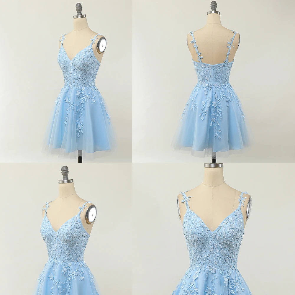 

Berylove Short Homecoming Dress A Line Spaghetti Strap Lace Applique Colorful Vestido Graduation Gown Short Dress Lace up Back