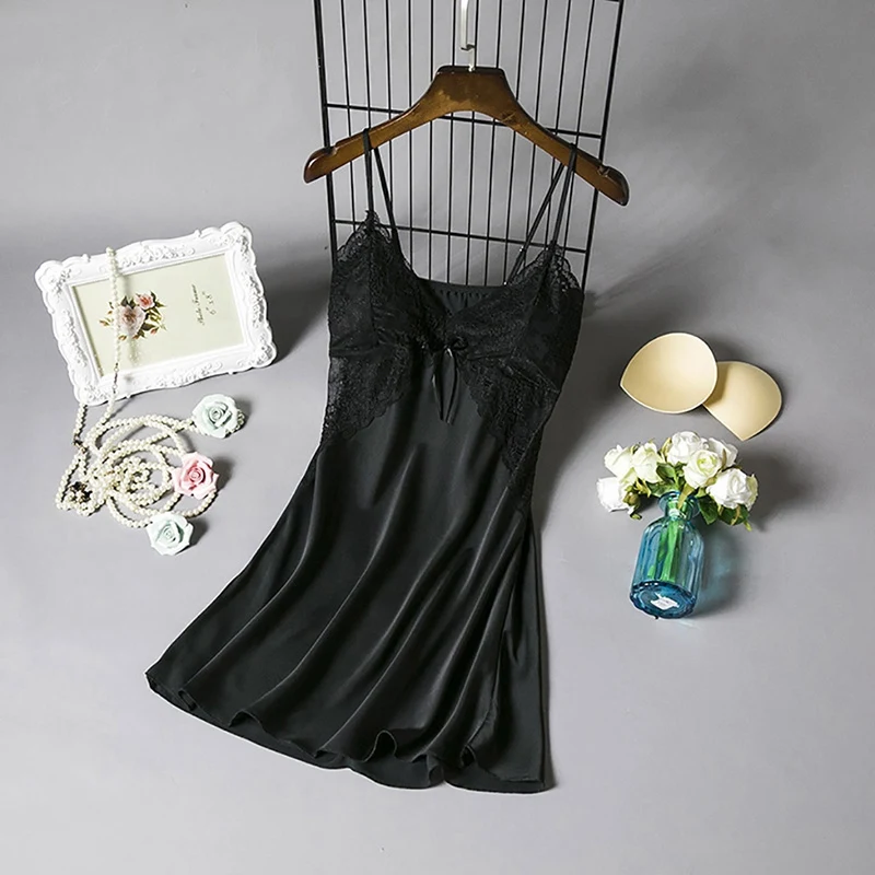 Женское атласное платье для сна шелковая ночная сорочка с подкладкой на груди