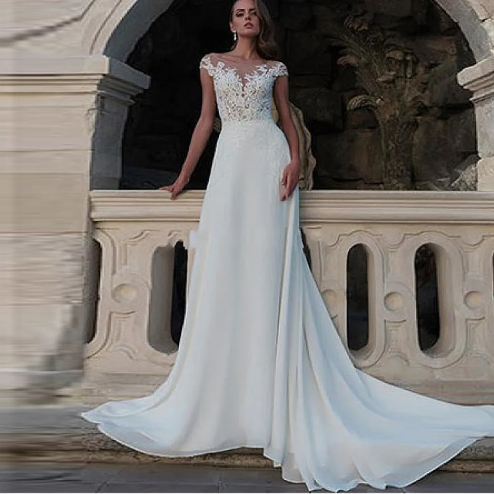 Chiffon Bateau Neckline A-Line Wedding Dresses With Beading White Lace Appliques Open Back Bridal Gowns 2020 Robe de Mariee