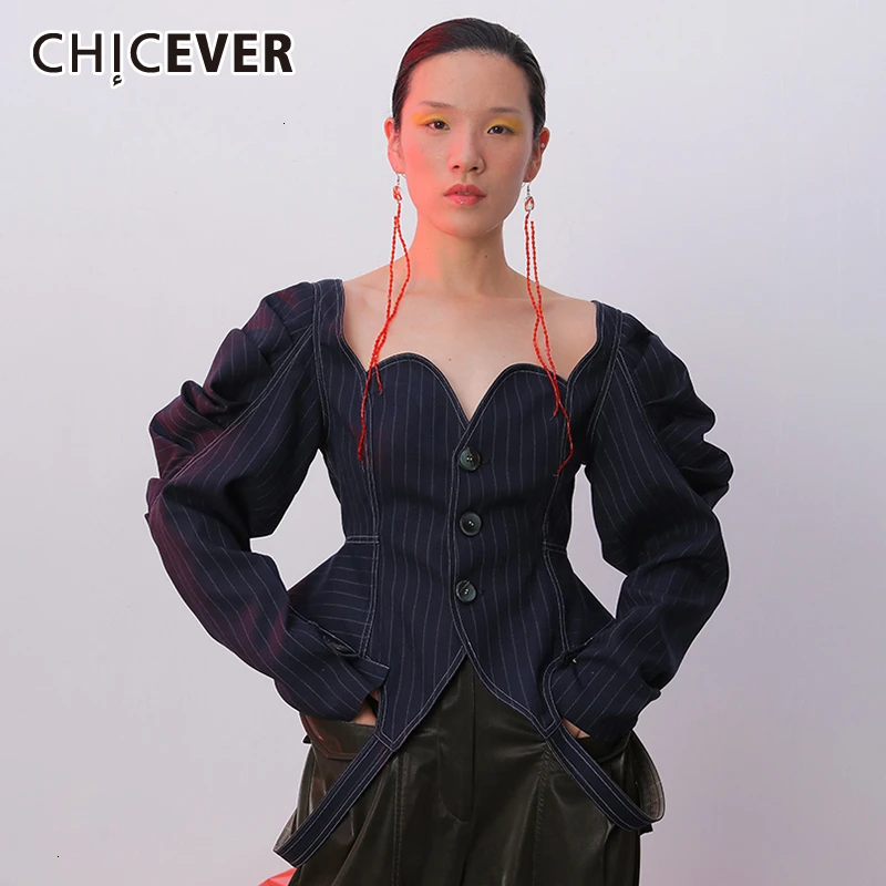 CHICEVER винтажные полосатые пальто для женщин с квадратным воротником и буфами