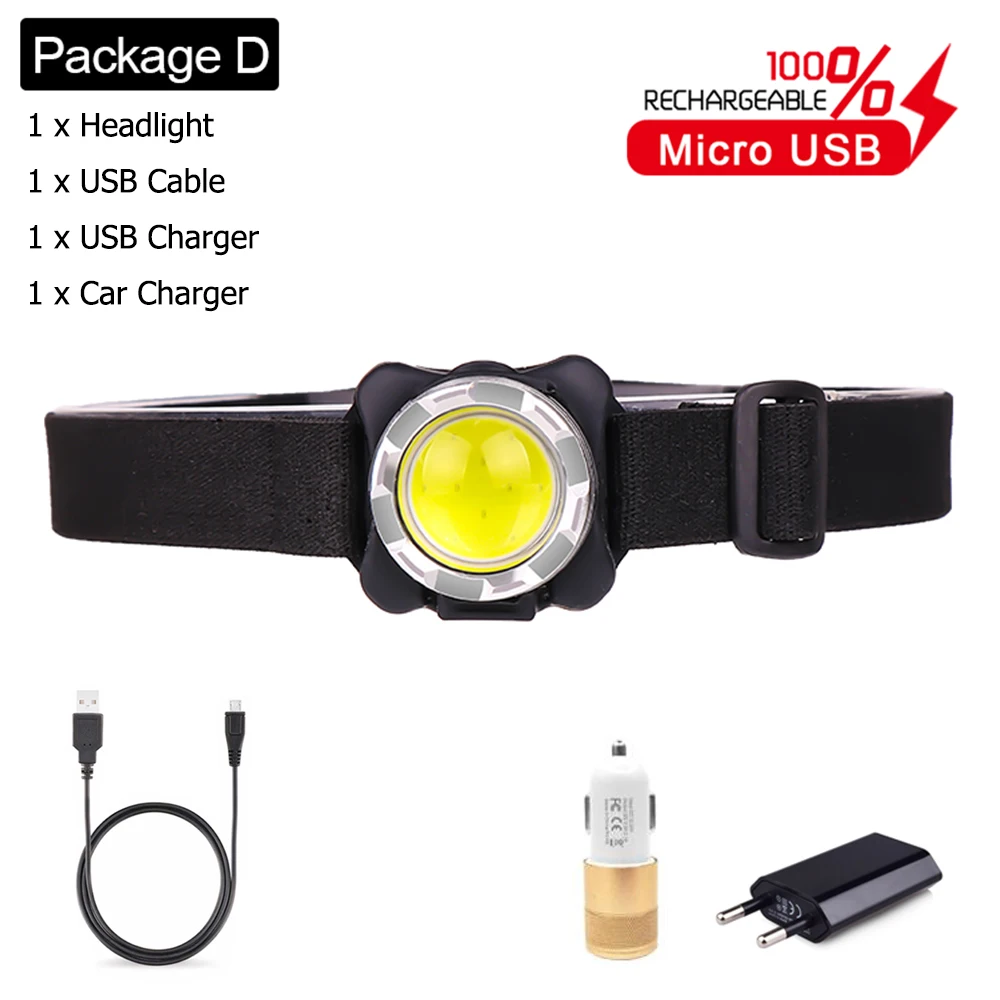 Package D Мощный COB светодиодный налобный светильник USB Перезаряжаемый налобный фонарь со встроенным аккумулятором водонепроницаемый Головной фонарь белый красный светильник для лагеря для взрослых - Испускаемый цвет: Package D
