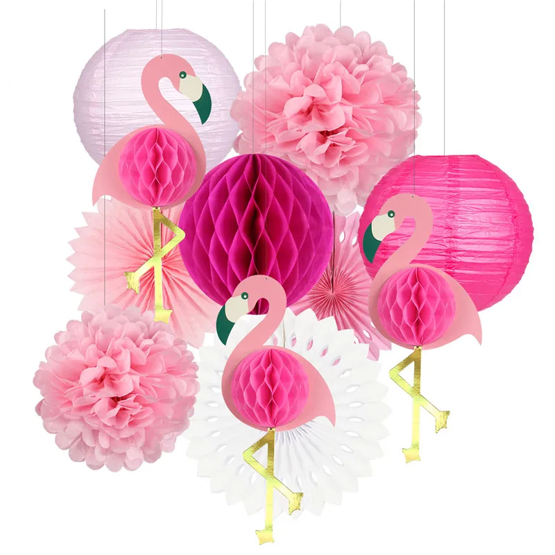 Pink flamingo set Тропический Розовый фламинго вечерние вафельная ткань декоративная ткань бумажный веер в виде цветка Бумага фонари для Гавайский Летний пляж Луау Вечерние - Цвет: Pink flamingo set