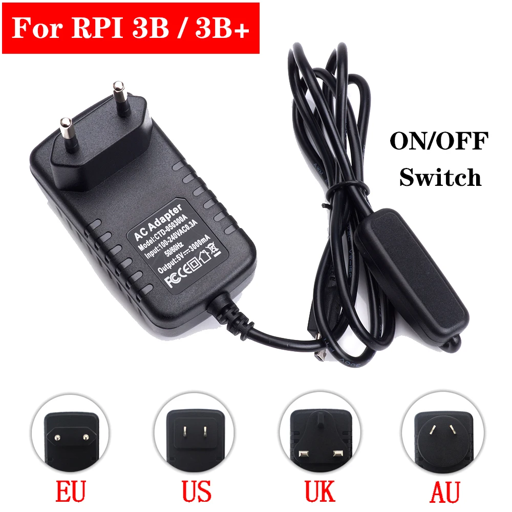 5V 3A Raspberry Pi 3 Power Supply Switch Button Adapter Micro USB Port Charger for Model B 3B Plus | Компьютеры и офис