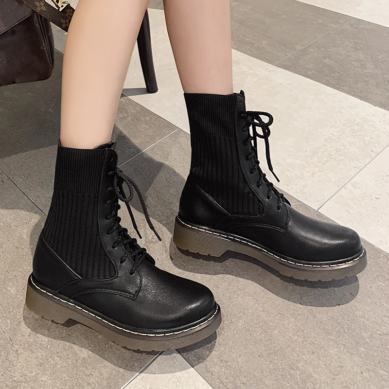 Lucyever/женские армейские ботинки Черные кожаные ботильоны для женщин Сезон