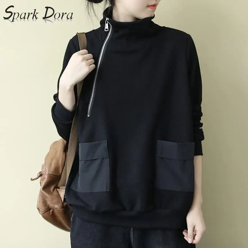 

SparkDora hot Large Women's Vintage Loose Art Long Sleeve Autumn And Winter High Collar Zipper With Plush Casual Top