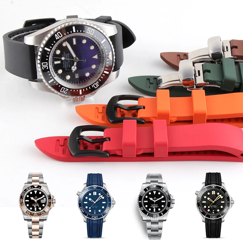 Мягкий силиконовый ремешок для часов 20 мм 22 24 резиновый с фторовым клеем черный