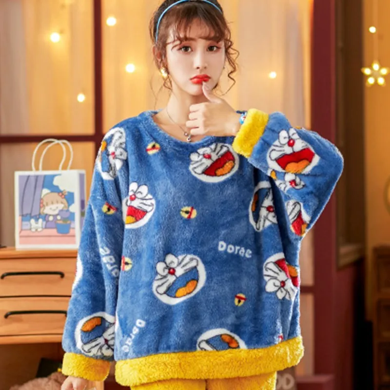 

Winter Pyjamas Women Warm Doraemon Cute Fleece Sleepwear Women Pajama Sets Thick Plus Size Cartoon Night Suit Fashion