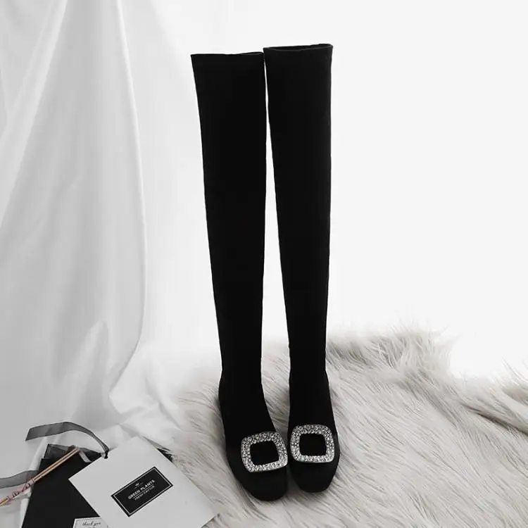 

Women's Kid Suede Over Knee Boots Square Toe Low Heels Rhinestones Champagne Black Shoes M27