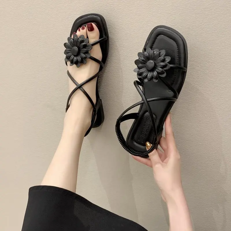 

2021 Sandals Clear Heels Black Shoes for Women All-Match New Beige Elastic Band Girls Fashion Beach Comfort Low Summer