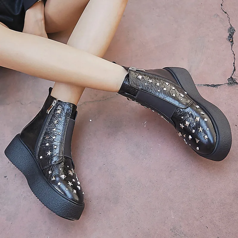 Buonoscarpe 2019 New Leather Martin Boots Retro Flat Autumn And Winter Ladies Bare Fashion Trend Roman Thick-soled | Обувь