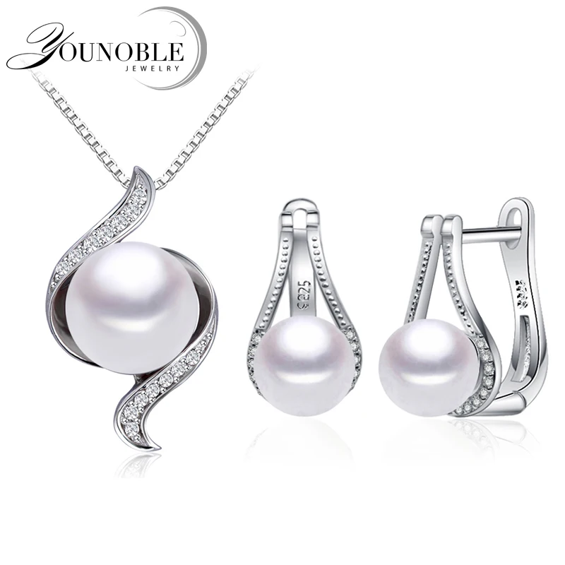 

Набор свадебных ювелирных изделий из серебра 925 пробы, серьги-клипсы с белым натуральным жемчугом, богемный кулон на цепочке, ожерелье для ж...