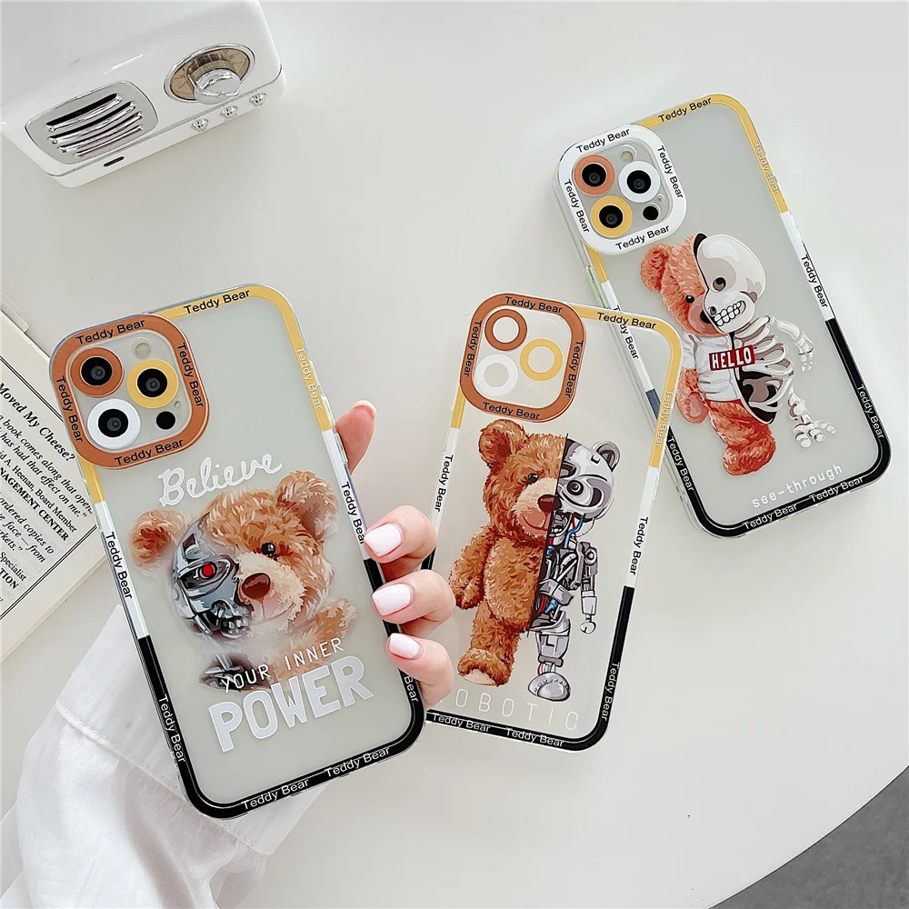 

Korea Cute Robotic Teddy Bear Tide Cool Phone Case For iPhone 13 12 Pro Max 11 7 8 Plus XR X XS SE INS Fashion Brand Cover Coque