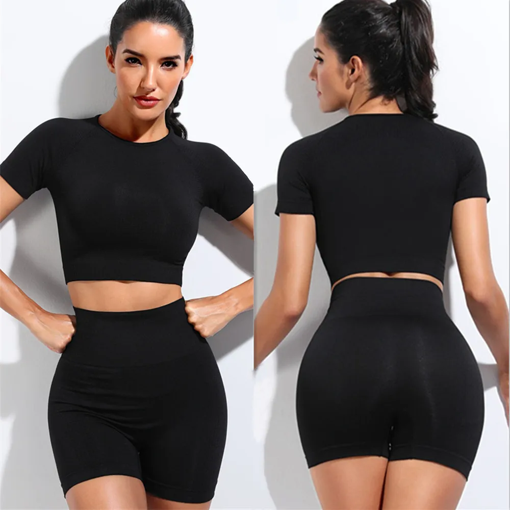 

2Pcs Women Training Running Short Sleeve Yoga Solid Shorts Workout Gym Seamless Fitness High Waist Formfitting Peach Hip Push Up
