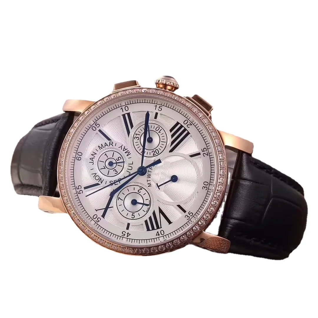 

High-end Men's Mechanical Watch Rose Gold Diamonds Leather Tourbillon Moon Phase Dual Time Skeleton Automatic Sapphire Glass