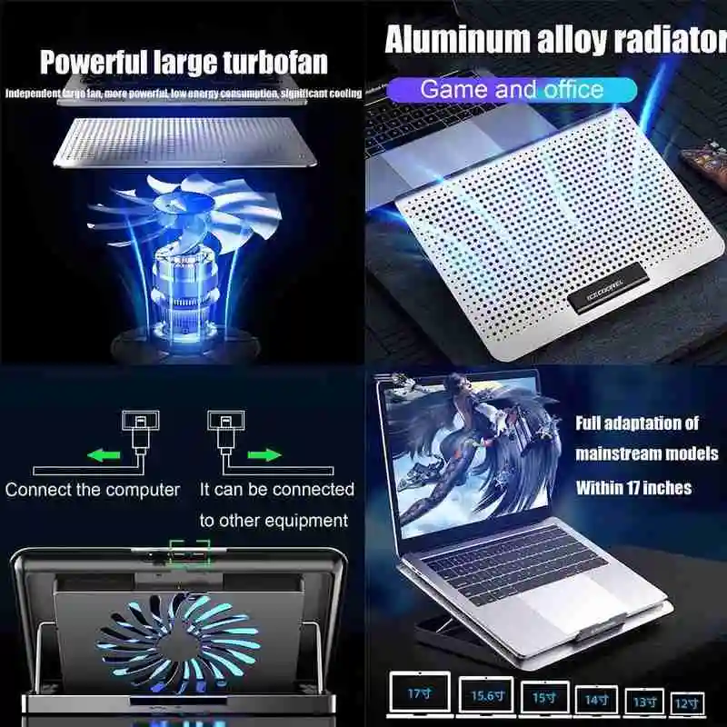 

Gaming Laptop Cooler Silent Fan Metal Laptop Cooling Notebook Pads For 12-16 Adjustable Stand Inch Portable Port USB Laptop V3D8