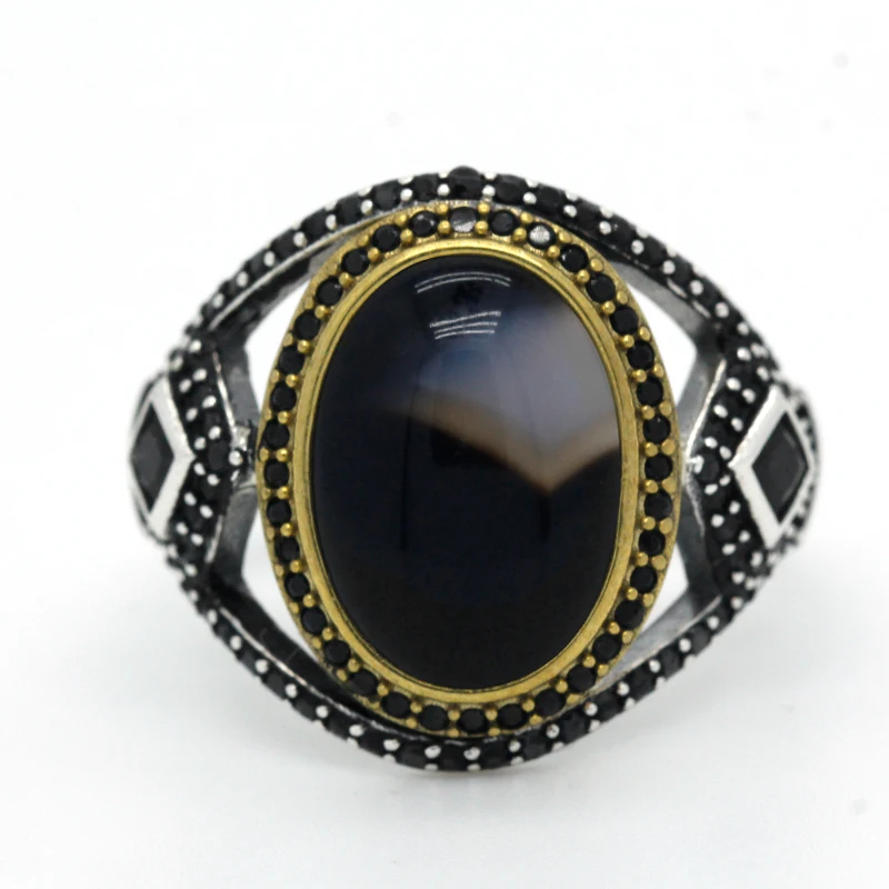 925 пробы серебряные кольца для мужчин натуральный агат/CZ камень ретро панк стиль