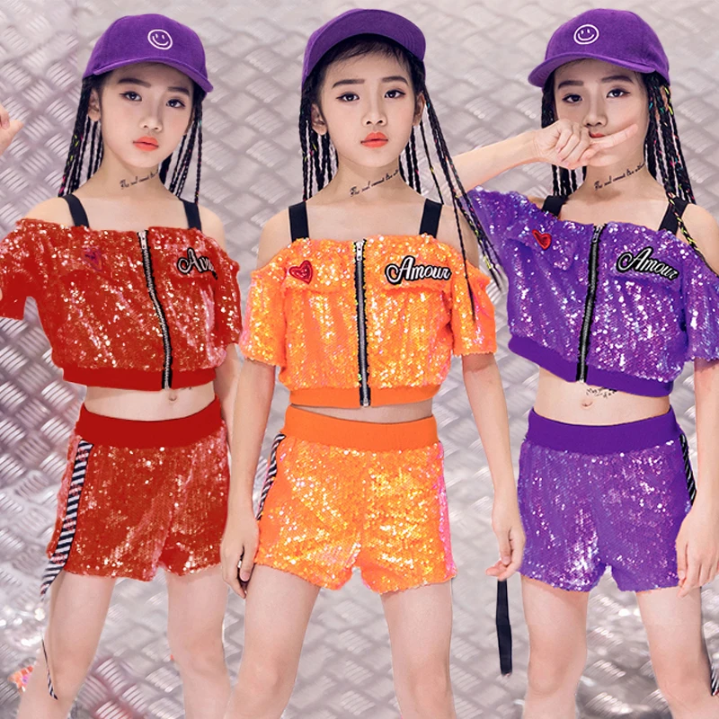 

2021 New Jazz Dance Costumes Fashion Sequins Short Sleeves Girls Hip Hop Clothing Stage Outfits Street Dancing Performance Wear