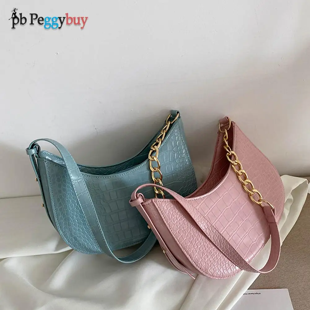 

Women PU Alligator Pattern Underarm Bag Vintage Chain Solid Color Hobos Bags Girls Brief Women Casual Messenger Bags